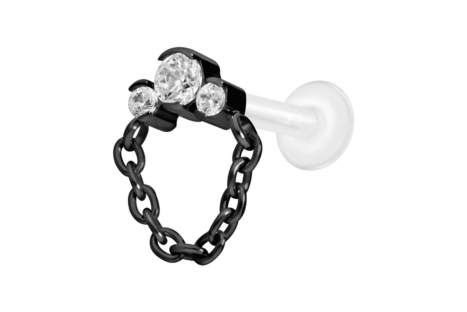 PTFE Labret Piercing mit Innengewinde + Titan-Aufsatz 3 EINGEFASSTE KRISTALLE + KETTE